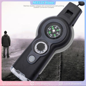 1PC 7 in 1 Multifunctional Survival Emergency Tool Camping Hiking Whistle Compass Thermometer with LED Light