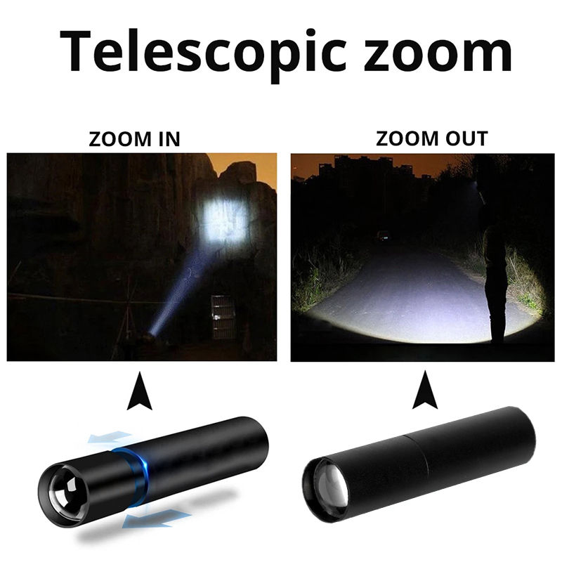Mini lampe torche de randonnée/pêche d'extérieur avec zoom, rechargeable par USB et étanche, à LED pour une utilisation nocturne._voghion.com