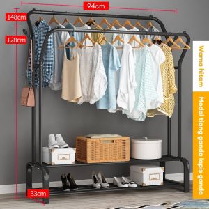Stand Hanger Rak Baju Gantungan Besi Gawang Baju 2 Tingkat Jemuran Pakaian Tas Topi