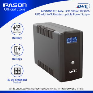 IPASON | AWP AID1000 Pro Aide Pro LCD 600W-1000VA UPS with AVR Uninterruptible Power Supply (4 Sockets)