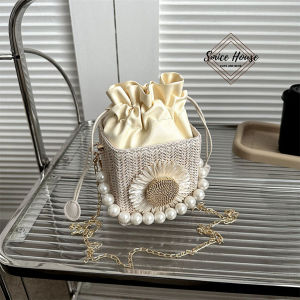 Túi cói đeo chéo form hộp đính cườm phối da đi biển đi chơi mùa hè/ túi nữ đeo vai phong cách Hàn