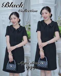 ชุดเดรสสีดำ ชุดทำงานสีดำผ้าวูลเวฟ(ลายในตัว) แขนสั้น แต่งโบว์ผูก ผ้ายืดหยุ่นใส่สบาย กระโปรงทรงเอ มีกระเป๋าข้าง
