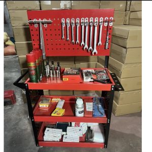 Kệ đựng đồ nghề dụng cụ 3 tầng sơn mạ tĩnh điện có giá treo dụng cụ kèm 20 móc treo