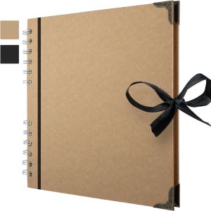 Scrapbook Album 60 Pages (8 x 8 inch) Black Thick 180gsm Kraft Paper Corner Protectors - Scrap Book Ribbon Closure2026