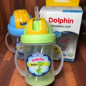 Bình nước cho bé bình tập uống cho bé 200ml - 240ml Dophin bình nước có ống hút (tặng kèm cây cọ súc rửa ống hút) không BPA