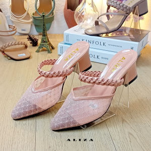 SANDAL WANITA HEELS HAK TAHU 5CM MOTIF TALI KEPANG UJUNG LANCIP TERBARU