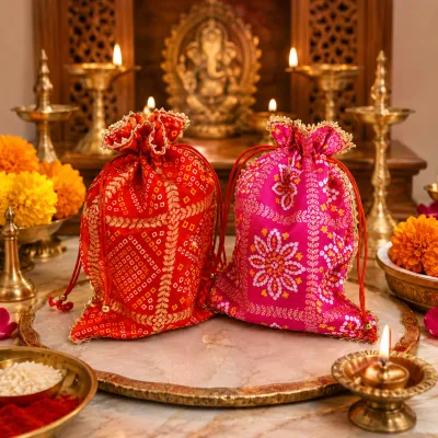 Bandhani Potli Bag Set with Designer Brooch Embellishments | Decorative Gift Pouch for Pooja Return Gifts Jewelry & Festive Storage (Pack of 1 Pc)