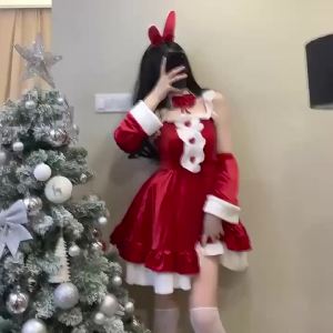 Lolita Maid Christmas Velvet Dress Red Pink Ladies Santa Claus Cosplay Costume Bunny Girl Uniform Faux Fur Ruffle Party Dresses