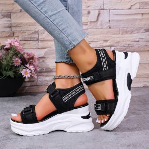 WomenS Wedge Heel Thick-Soled Sandals 2025 Summer New Style One-Strap Velcro Waterproof Platform Fashionable Versatile Beach Sandals For Women