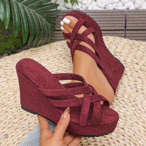 Free Shipping Summer Fish-Mouth Woven Hollow-Out Platform Sandals Plus-Size With A Plush Fashionable And Versatile Design Featuring A Wedge Heel