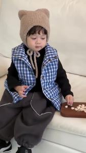 Childrens Plaid Cotton Vest Jacket Baby Korean Style Childrens Clothing 2025 Autumn and winter thickened sweatpants set for boys
