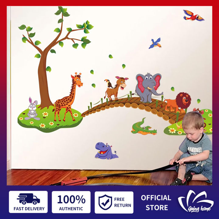Jungle Animals Tree Wall Stickers Lion Giraffe Elephant Walking on Bridge  Wall Decals 3D Bird Vinyl Wallpaper Kids Nursery Wall Art Mural Bedroom  Wall