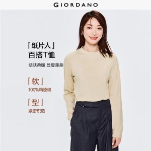 Giordano Beau Monde Women 100% Cotton mock neck long sleeve tee Free Shipping 13322880