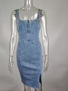 China Shipping [2025] New Product 2023 Summer   European and American Independent Station Short Sleeve U Vintage Style Casual Denim Dress with Straps 042