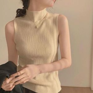 Áo đan phong cách mới với áo vest sát nách nửa cổ cao ôm dáng thanh mảnh đáy màu trơn dáng ôm đầu kiểu mùa xuân và mùa thu