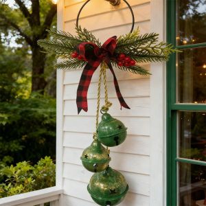 OEUVR Shatterproof Christmas Tree Bell Decorations Three-Bell Rustic Style Wall Hanging Ornament Door Decoration with Bowknot Xmas Tree Pendant Holiday Decorations