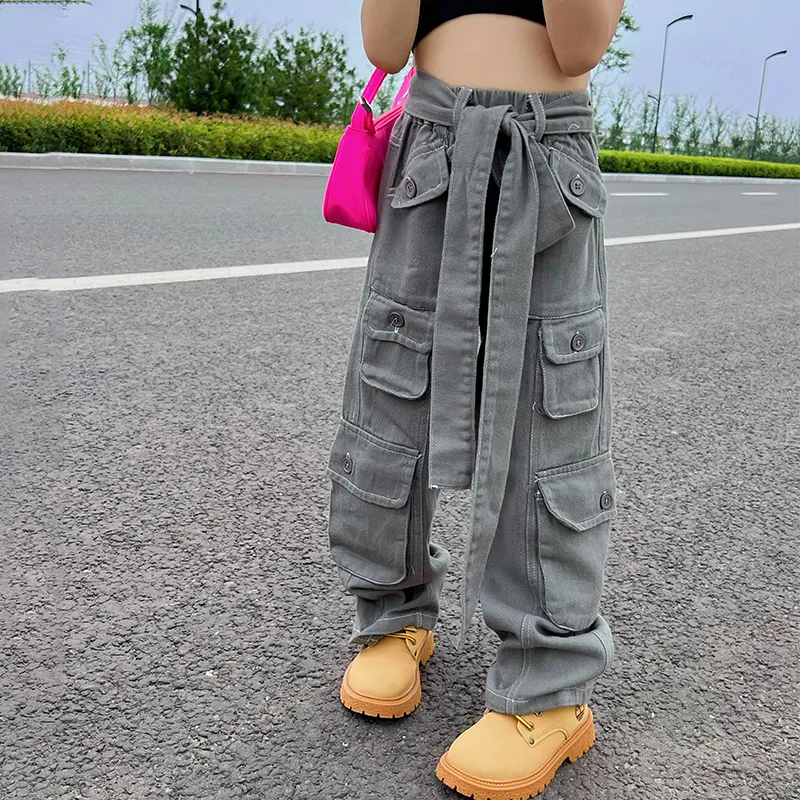 Rolanko Kids Girls Grey Jogger Sport Pants Children Bottom Loose