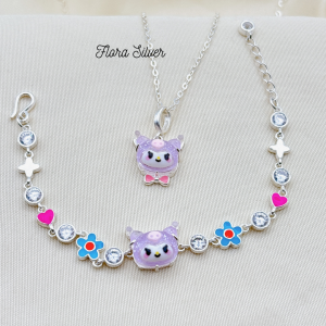 FLORA 0435L - Set bạc ta dây chuyền lắc tay hình Kuromi (móc ở mặt hoa có thể khác) màu tím đen dành cho bé gái