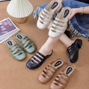 Free Shipping Charming Shark Casual New Summer Hollow-Out Toe-Cap Low-Heel Sandals Round-Toe Flat-Soled Solid-Color WomenS Half-Slippers For Outdoor Wear