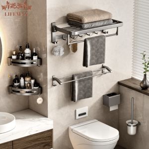 [SG Seller]Grey Bathroom Towel Rack Bathroom Shelf non-perforated towel rack hardware bathroom Accessories