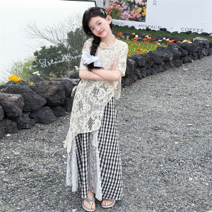 New Fashion Teenager Girls Clothing Sets Irregular Top and Long Plaid Skirt Lace 2Pcs Children Outfits for Summer Vacation Style h260702