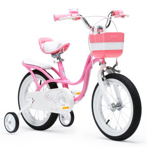 RoyalBaby Little Swan Kids Bike 18 Inch Pink White Girls Bike With Training Wheels and Kickstand Childs Bicycle