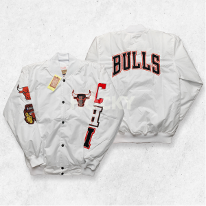 HOCKY Jaket Bomber Varsity Chicago Bulls Putih Taslan Full Bordir Premium Terbaru