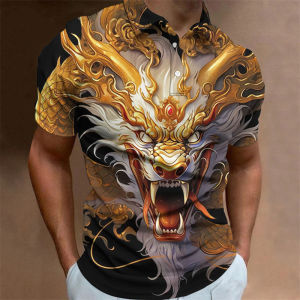 [Local Stock] HBESTY  Dragon Pattern Polo Shirt For Men Animal 3D Printed T-Shirts Outdoor Fashion Casual Loose Oversized Street Lapel Top Button Tees