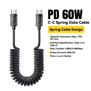 Essager PD 100W 60W Type-C C-C Spring Expansion Fast Change Cable E-Marker Type C Fast Charging 100W Mobile Phone Data Cord For iPhone16 15 Xiaomi15 Samsung Huawei Mate70 Cell Phone Laptop Tablet Macbook iPad C-C Spring Expansion Data Cables