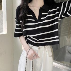 BL0946 Loose Stripe Collar Knit Top
