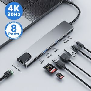 USB C Hub 8 in 1 Type C 3.1 to 4K HDMI Adapter with RJ45 SD/TF Card Reader PD Fast Charge for MacBook Notebook Laptop PC