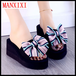 MANXIXI Brand Fashion Beautiful 2.36 Inches Wedge Sandals Bow Rubber Sole Sturdy Slippers For Women (Size 34-39)