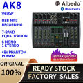COD Ready Stock AIBEDO AK 4 /6/8 Saluran Mixer Audio Profesional Dapat dihubungkan ke catu daya mobil 12v 99 DSP USB Mini Audio Interface Untuk Merekam Mixer 48V Phantom Power Supply audio mixer yang paling murah. 
