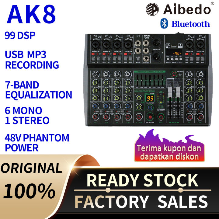 COD Ready Stock AIBEDO AK 4 /6/8 Saluran Mixer Audio Profesional Dapat dihubungkan ke catu daya mobil 12v 99 DSP USB Mini Audio Interface Untuk Merekam Mixer 48V Phantom Power Supply audio mixer yang paling murah