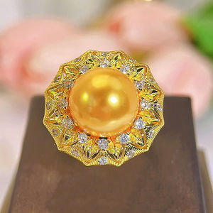 SEQUITO Aristocratic Style Ladies Jewelry Micro Pave AAAAA Cubic Zirconia Yellow Gold Plated Champagne Big Pearl Adjustable Ring SR145