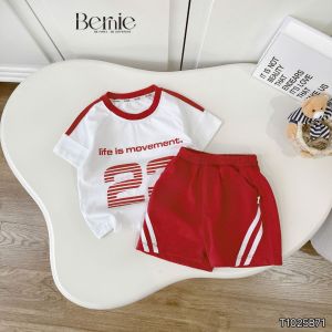 Set bộ bé trai tay ngắn thể thao họa tiết in chữ và số 23 kèm quần short 9 tới 28kg BERNIE T1025B71