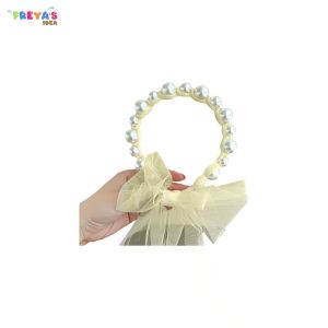FR-C935 Bandana Mutiara Pita Tulle Panjang Bisa diikat Wanita Korea / Bando Mutiara Tali Kepang Ribbon Pearl / Bando Anak Perempuan / Bando Tali Kepang Import
