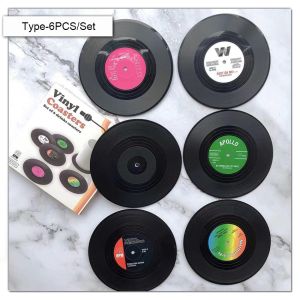 Set of 6 Vinyl Coasters for Drinks Music Coasters with Vinyl Record Player Holder Retro Record Disk Coaster Mug Pad Mat Creative CD Vinyl Coaster Record Cup Drinks Holder Mat Tableware Placemat Tea Glass Pad Decoration