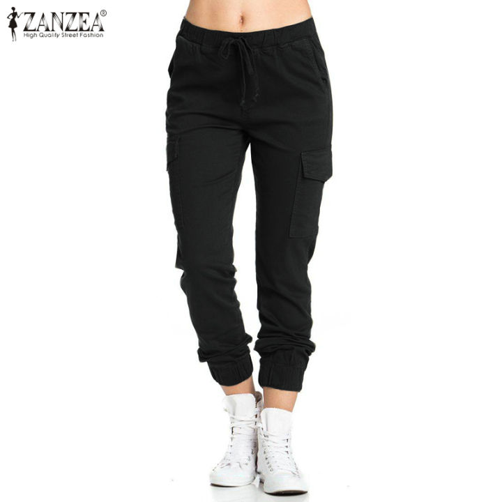 ZANZEA Women Plus Size Trousers Loose Baggy Plain Basic Tapered Long Cargo  Pants