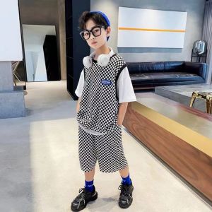 Melo Boys Plaid Suit 2025 New Style Westernized Childrens (Short Sleeve+Shorts) Two-Piece Set