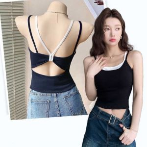 TIMIA Fake Two-Pieces Womens Skinny Camisole U Neck Beauty Back Bra with Pads Camis Fashion Korean Style Sweet Girls Tank Top Lady