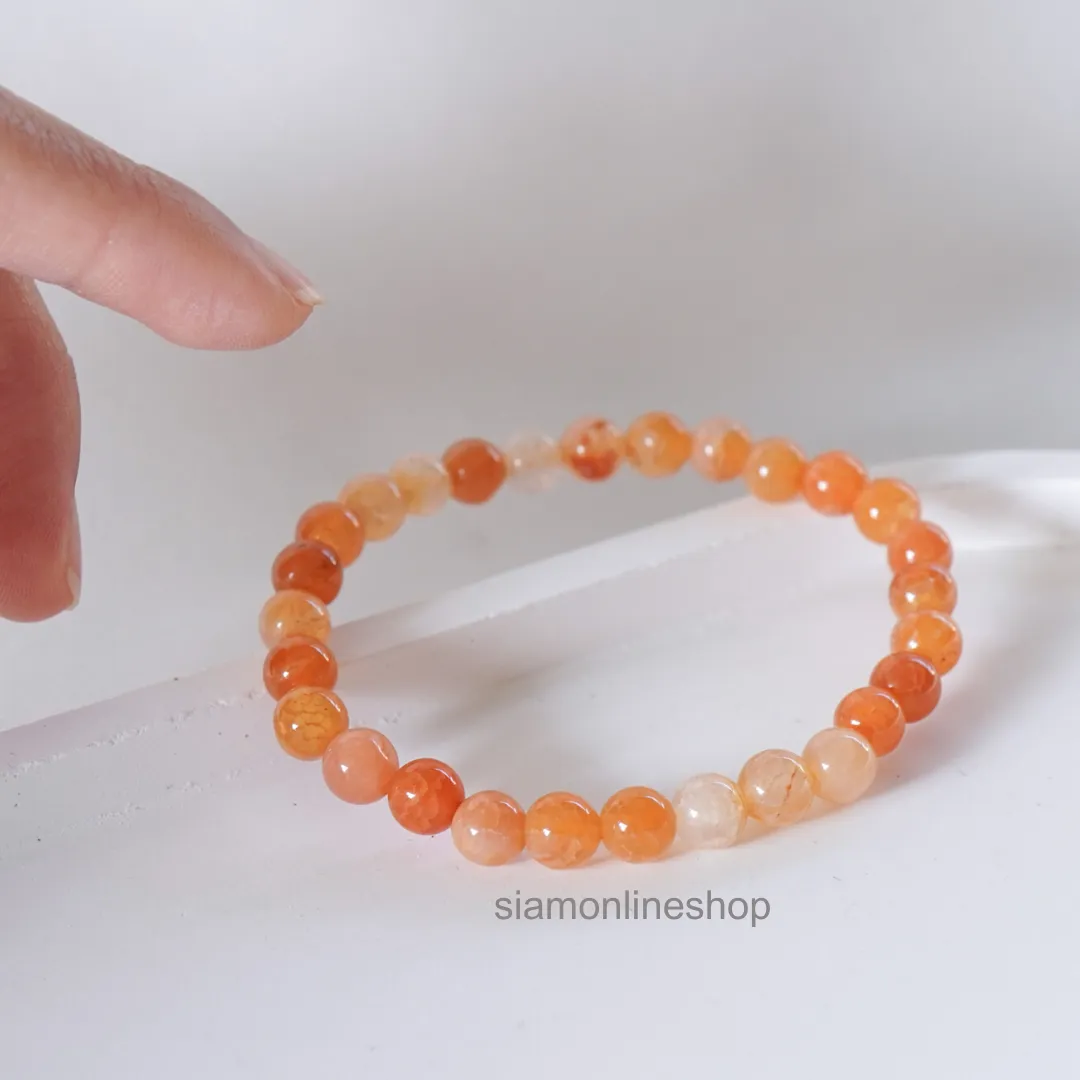 Orange Cracked Agate Stone หินมงคล หินเกล็ดมังกรสีส้ม เลือกขนาดเม็ดหินได้ (6-12 มม.) สร้อยข้อมือหินแท้