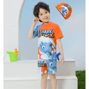 Kids Boys Swimming Attire Set New Tops + Short & Cap Set Cute Quick Dry Swimwear Rashguard for Kids Boys 1-6 Years Old