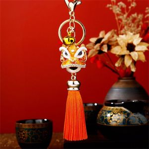 PENGQ Chinese Style Lion Dance Keychain Crystal Animal Ancient Mascot Lion Wake Keychain Bag Accessory Tassel Bag Pendant