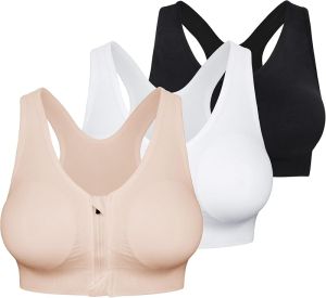 Fapreit  Womens Sports Bra with Front Zipper  –  Seamless Wireless Post-Surgery Zipper Padded Racerback Workout Fitness Yoga Bra