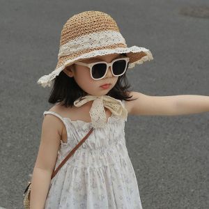 DOORSYUR Shading Hat Children Straw Sun Hat Lace Up Korean Style Childrens Visor Hat Solid Color Anti-UV Sun Hat Cartoon Sunshade Hat Kid