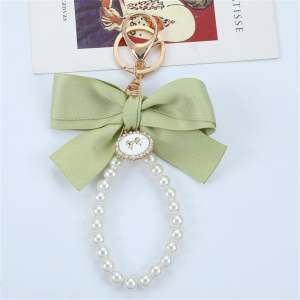 Beaded Bow Keychain - Sweet Ribbon Pearl Bowknot Keyring with Metal Buckle Fashion Bag Jewelry Gift