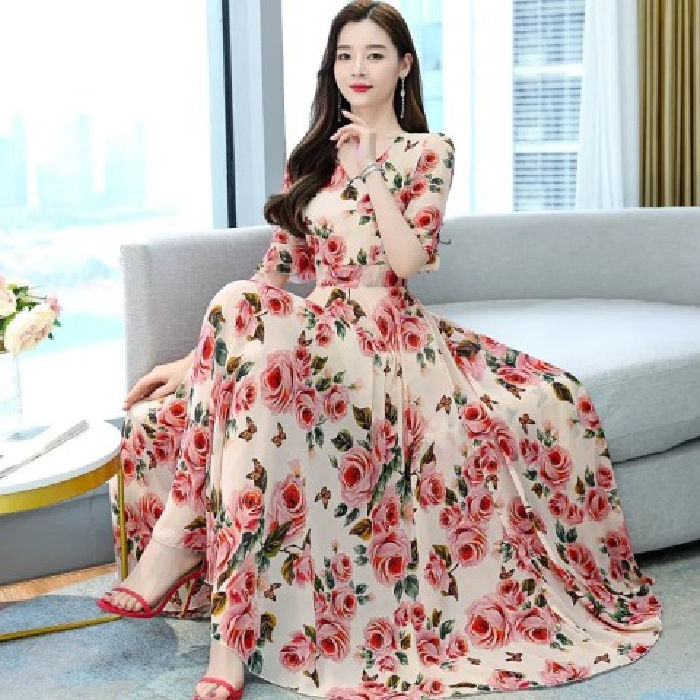 Korean Women Ladies Elegant V-Neck Ruffled Sleeve Long Dress