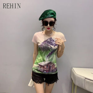 REHIN New summer fashion unique patter print short-sleeved T-shirt round collar elegant S-3XL slim fit cotton Womens top