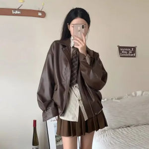 324Brown Turndown Collar Zipper Leather Jacket Coat American Vintage New Motorcycle Clothing Cal Y2k Loose Thickened Top